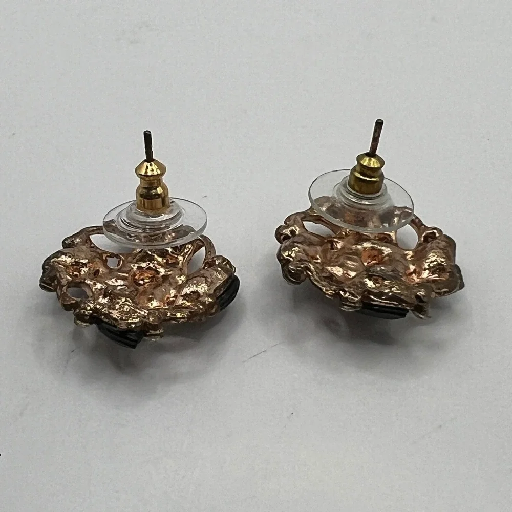 Vintage Rhinestone Pierced Earrings Black‎ Blue Clear Stones Copper Tone